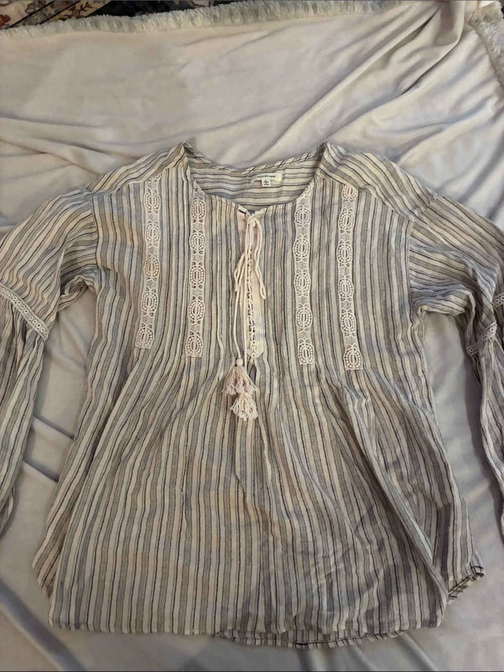 Max Studio Cream and Blue Striped Lace-Trim Tunic